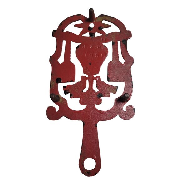 Vintage 1951 J.Z.H. Cast Iron Red Trivet With Heart & Bird Design - Picture 2 of 7